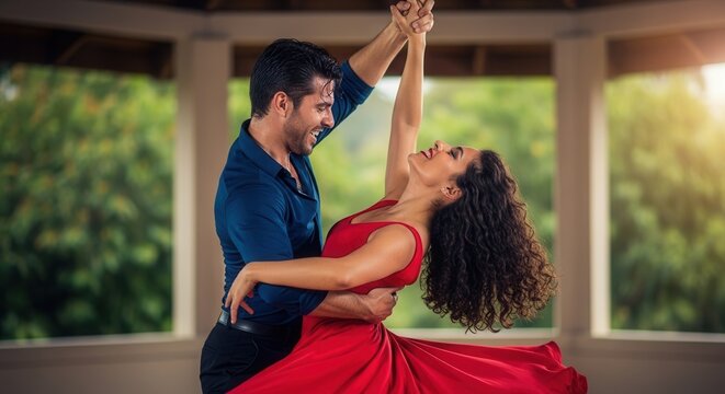 Couple dancing romantic salsa in elegant evening wear. Professional ballroom partners performing passionate Latin dance at sunset garden party.