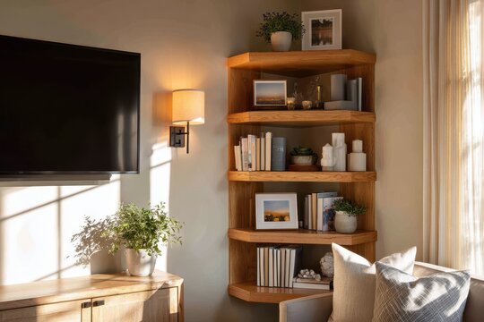 Modern home entertainment shelf with books and a flat-screen TV