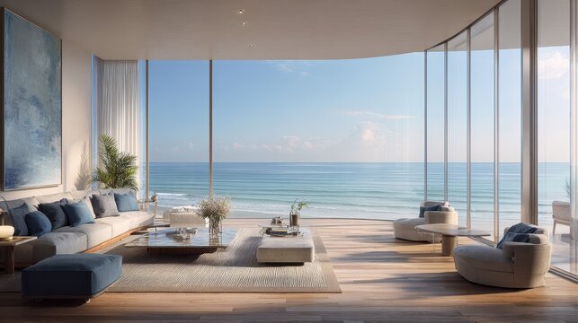 Modern luxury living space overlooking the ocean, warm wood tones and serene coastal atmosphere