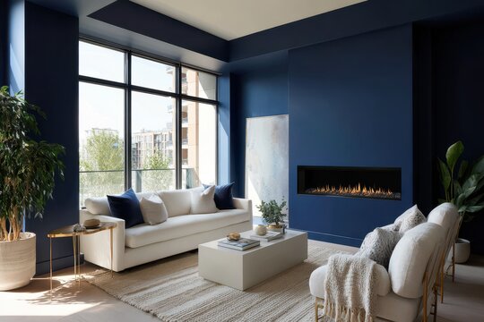 Modern navy and white living room with a fireplace focal point and clean, minimalist design