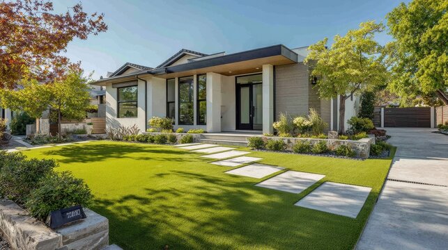 Modern home exterior with lush synthetic grass front yard and minimalist landscaping