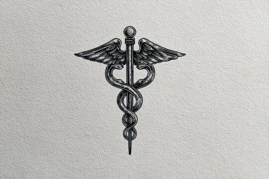 Monochrome caduceus illustration: black medical symbol on light background