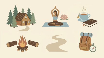 A collection of hand drawn illustrations featuring cozy outdoor adventure and wellness themes © sunan