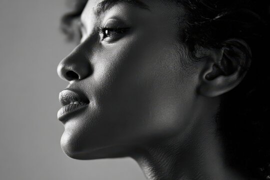Monochrome side profile portrait of a proud young woman
