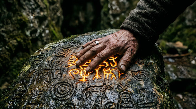 ancient, mystical, glowing runes, stone inscription, mysterious hand