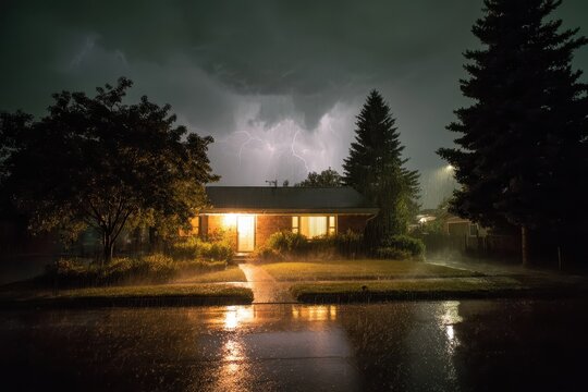 Moody nighttime scene of a house in a rainy suburb with interior glow