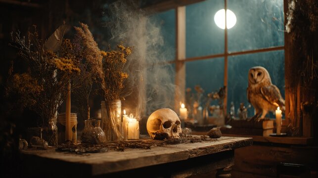 Moody occult altar scene with skull, candlelight, dried flowers and an owl under a full moon
