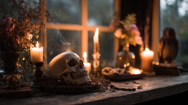 Moody occult altar scene with skull, candlelight, dried flowers and an owl under a full moon