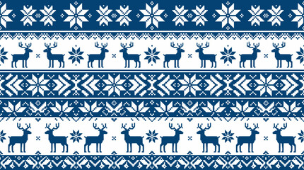 Traditional blue and white Nordic knit pattern featuring reindeer and snowflakes © sunan
