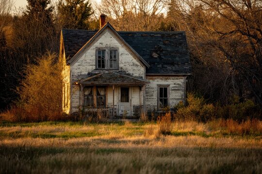 Moody rural home: weathered wooden exterior, broken windows, and overgrown yard