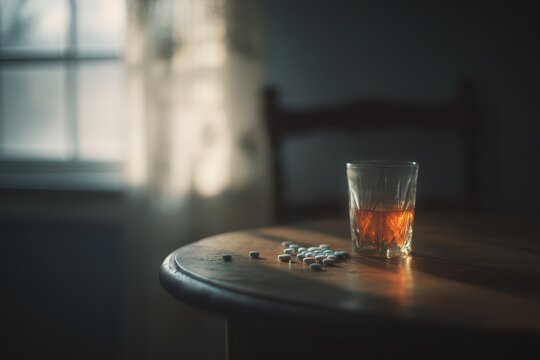 Moody still life: glass of amber liquid beside scattered pills on a wooden table