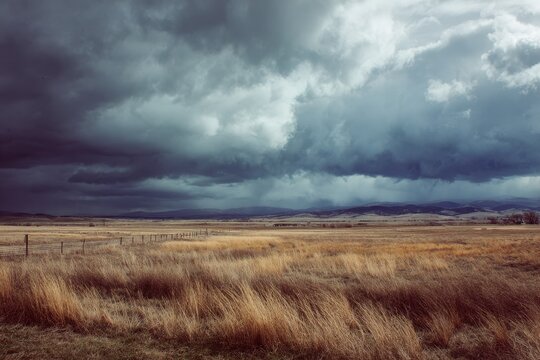 Moody weather: dark clouds over expansive field under heavy sky