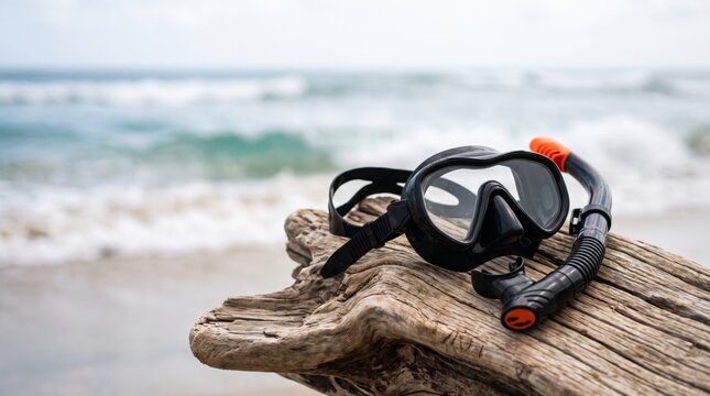 Black snorkel mask and tube resting on driftwood at the beach with ocean waves, ideal for summer travel and diving themes