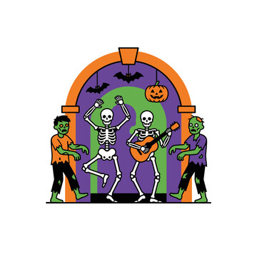Funny skeletons and zombies dancing and playing guitar for Halloween