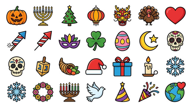 A vibrant collection of diverse holiday and celebration icons representing global traditions