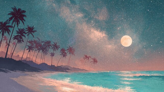 Moonlit tropical beach with Milky Way and full moon in retro vintage colors &acirc;&euro;&rdquo; dreamy digital illustration