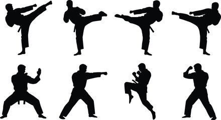 Set of black silhouettes featuring a karate martial artist performing various kicks and combat poses on white background © MstShapla