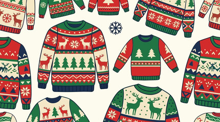 Festive pattern of colorful Christmas sweaters with reindeer and pine trees © ahdun
