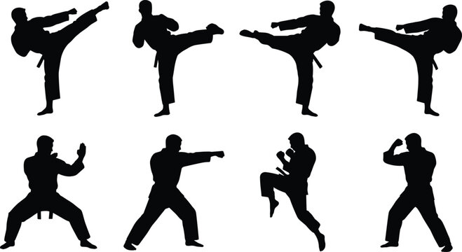 Set of black silhouettes featuring a karate martial artist performing various kicks and combat poses on white background