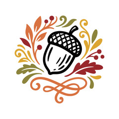 Stylized acorn surrounded by warm-toned autumn leaves and berries © tiara