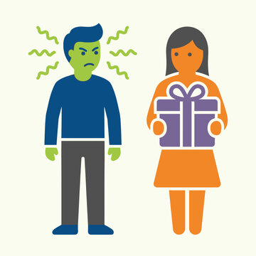 Vector illustration of a jealous man and a woman holding a gift