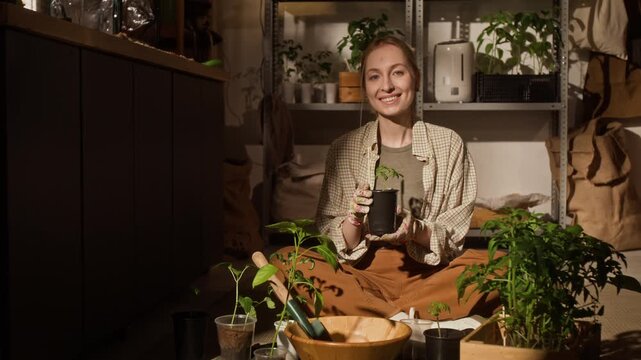 Full slowmo portrait of Caucasian young woman sitting on floor and holding potted seedling, smiling at camera. Footage is suitable for eco-friendly marketing or home gardening campaigns