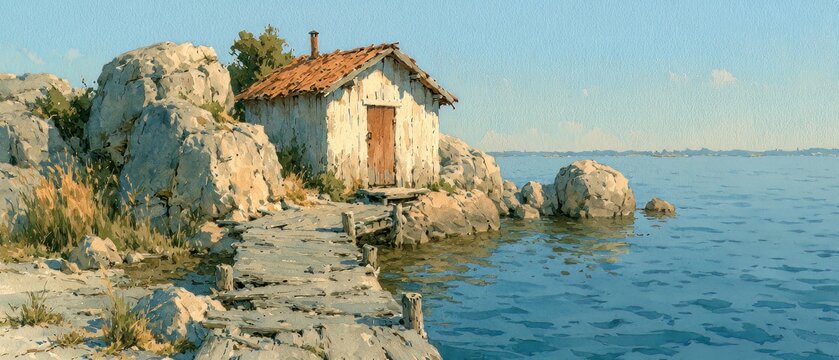 Rustic Wooden Shack on Rocky Coastline by Calm Sea