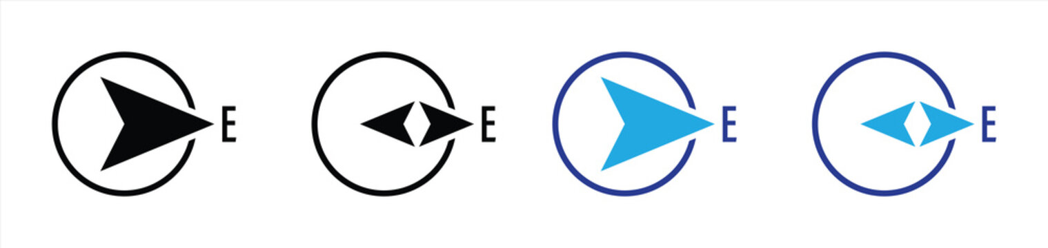 Compass East Direction Arrow Icon Set with Circular Navigation Symbols, GPS Orientation, Cardinal Direction, Map Pointer, Location, Compass Needle, and Navigation Vector Collection
