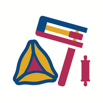 Festive Purim symbols with a hamantash, grogger and scroll