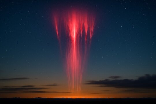 Spectacular rare red sprite lightning phenomenon appearing high in the starry night sky above the clouds right after sunset creating a mysterious and magical atmospheric electrical display.