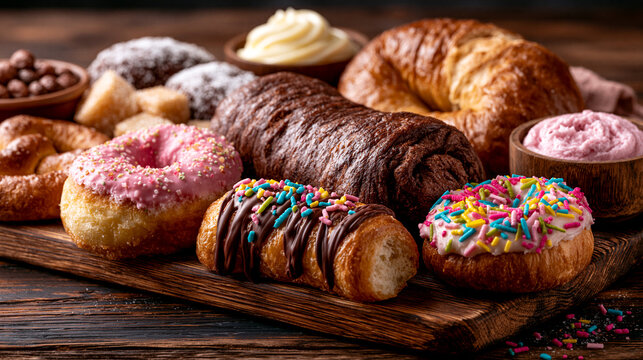 Selection of assorted colorful donuts and sweet pastries on a wooden rustic table