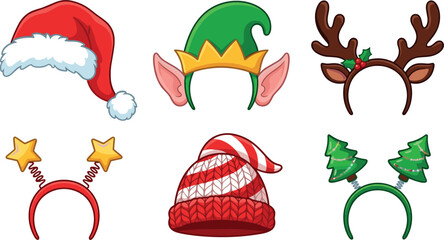 Cute Christmas Party Headband and Hat Vector Collection Featuring Santa, Elf, Reindeer Antler, and Holiday Tree Accessories for Festive Digital Photo Booth Props © MdRaisul