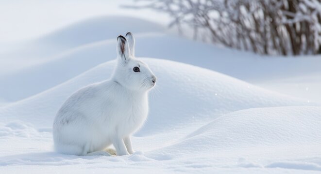 Arctic hare standing in pristine snow-covered wilderness. White winter wildlife animal exploring frozen tundra landscape with natural lighting.