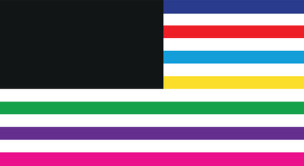 A striking graphic composition featuring a bold black block on the left side contrasted against a series of vibrant multi-colored horizontal stripes. This abstract background design  © Nazmul