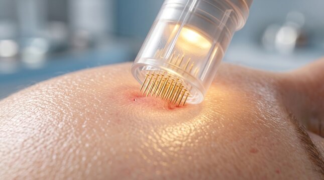 Macro close-up of microneedling cosmetic treatment on human skin, collagen induction therapy concept