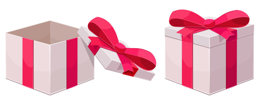 White gift boxes with pink ribbon in closed and open states representing surprise, birthday celebration, holiday reward, greeting, giving and retail bonus (cut out)