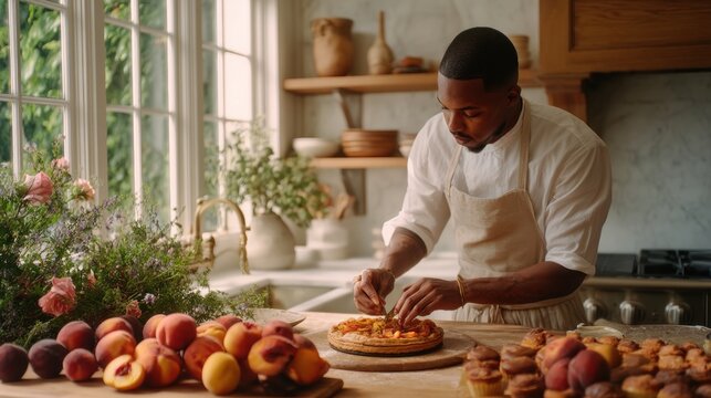 African american baker decorating fruit tart in bright rustic kitchen. Professional pastry chef garnishing homemade cake with fresh peach. Culinary art, food preparation and hobby concept.