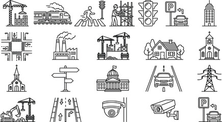 Smart City Planning Urban Development and Architecture Line Icon Set Featuring Industrial Factories Construction Sites Public Buildings Roads and Traffic Signs © Sohel