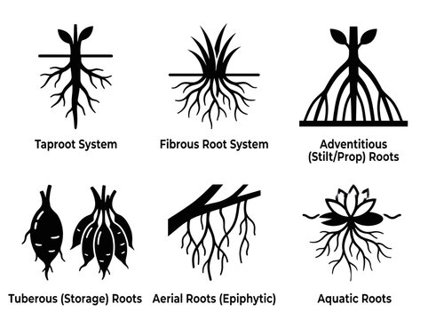 Scientific illustration showing various types of plant root systems including taproot fibrous adventitious tuberous aerial and aquatic root structures depicted in a clean minimalist black and white st