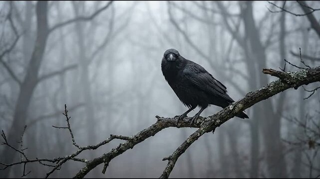 Black raven perched on a branch in a misty forest