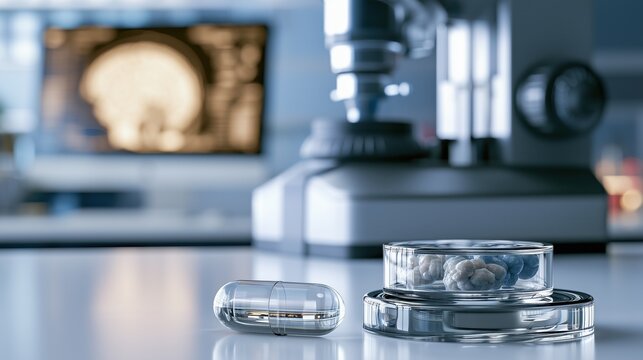 Transparent Capsule with Brain Tumor Cell Culture in Petri Dish, Neuro Oncology Laboratory Research and Brain Cancer Drug Development Concept