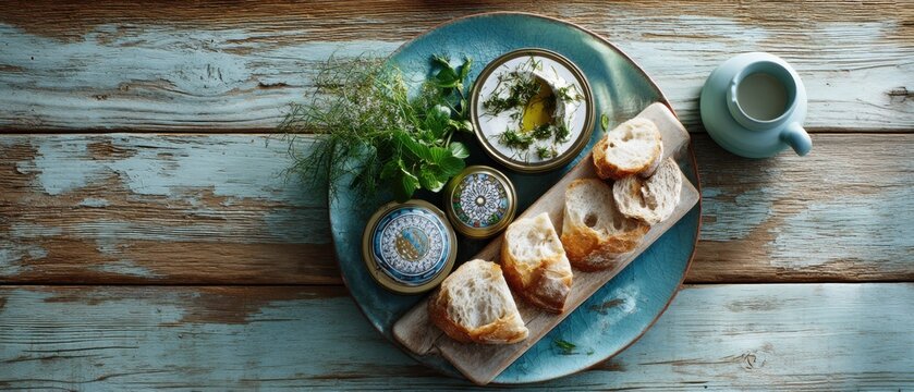 Crusty baguette slices served with fresh herb spread on a rustic wooden table. Artisan bread with gourmet dip for a Mediterranean breakfast or appetizer. Flat lay food photography.