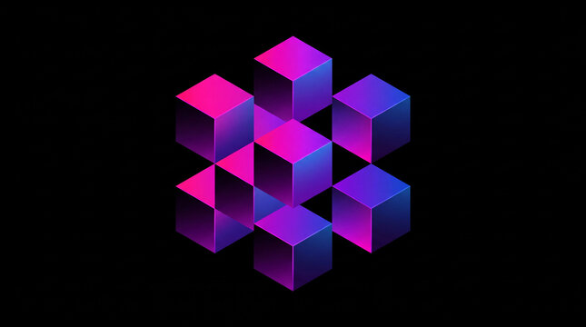 Abstract 3d geometric composition featuring bright glowing neon pink and blue cubes forming a complex hexagonal structure on a dark black background. Digital technology concept.