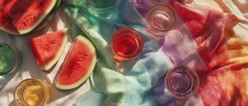 Slices of fresh watermelon and colorful drinks placed on a tie-dye fabric picnic blanket. Summer outdoor leisure lifestyle concept. Refreshment at a sunny park garden gathering.