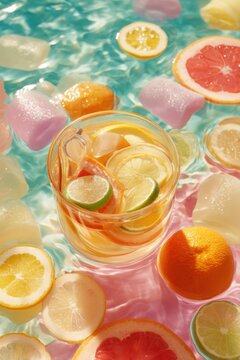 Glass of citrus fruit infused water with ice floating in swimming pool water. Refreshing lemonade with lime, orange and grapefruit slice for healthy summer hydration and vacation mood.