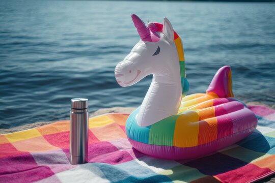 Inflatable unicorn pool float on a colorful picnic towel with a thermal bottle by the water. Summer vacation concept for leisure, beach fun, holiday travel and outdoor recreation.