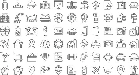 Fototapeta premium Hotel Tourism and Vacation Travel Line Icon Set Featuring Luggage Accommodation Transport Amenities Service and Booking Symbols for Mobile Apps and Web Designs
