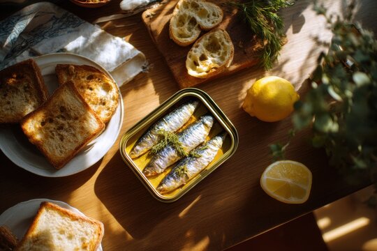 Canned sardines served on wooden table with toasted bread and lemon. Small fish in oil as healthy seafood snack or Mediterranean appetizer. Gourmet culinary meal preparation concept.