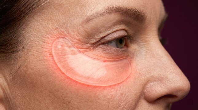 Close up of a mature woman using a glowing red light hydrogel eye patch for anti wrinkle treatment