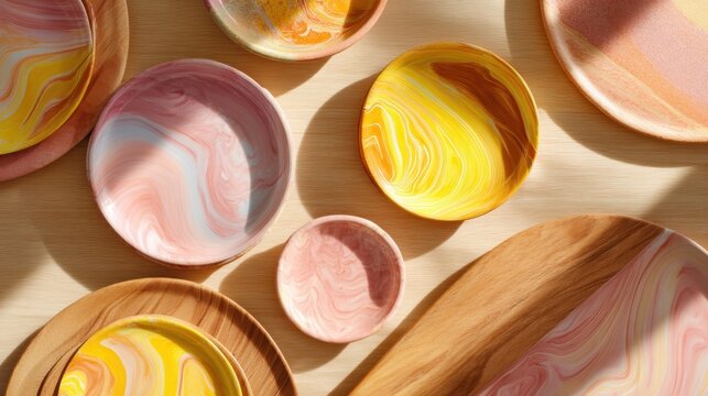 Set of marble pattern ceramic plates and bowls on wooden table. Decorative kitchenware for food serving. Modern interior design aesthetics and home lifestyle concept. Minimalist style.